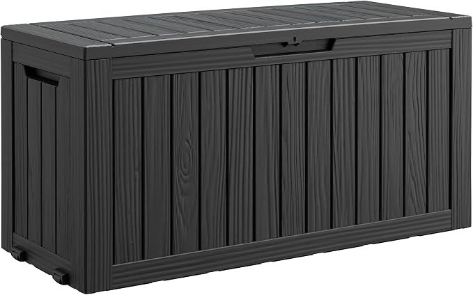 Bifanuo Weatherproof Outdoor Deck Storage Box with Wheels, Lockable Resin Patio Storage Container, Wood Grain Waterproof UV-Proof Garden Poolside Storage Chest