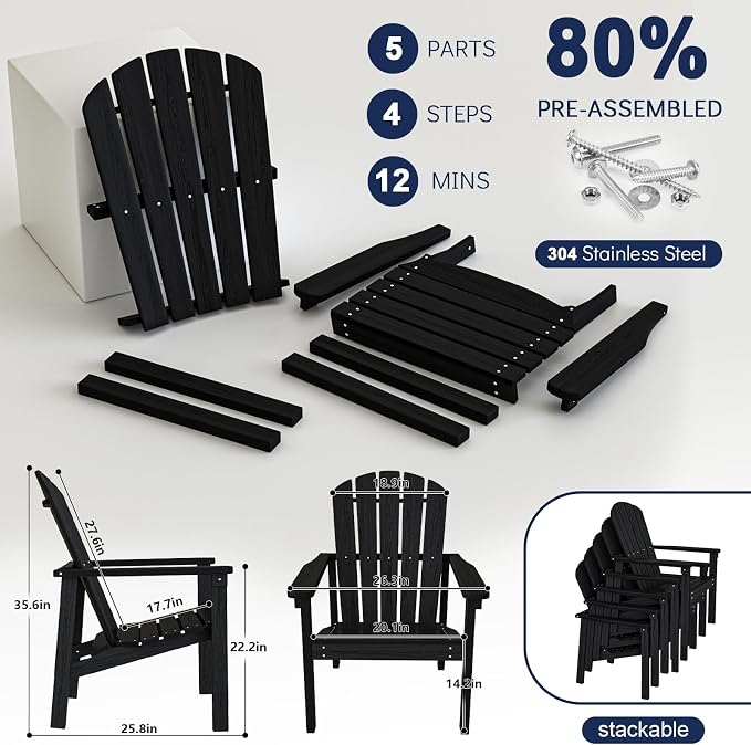 nevilywood Compact Stackable Adirondack Chairs Set of 2,HDPE,380lbs,Black | 26.3" Wide HDPE.All-Weather Outdoor.Maintenance-Free.Stackable for Storage.25°Curved Straight Backrest.Quick Assembly