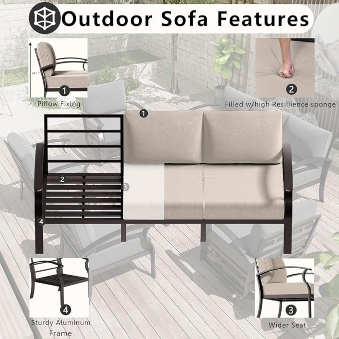 Aluminum Patio Furniture Set with Fire Pit Table, 7 Seats Outdoor Patio Conversation Sets with Ottomans, Modern Metal Patio Sectional Sofa with Upgrade Cushions for Patio, Backyard, Deck - Sand