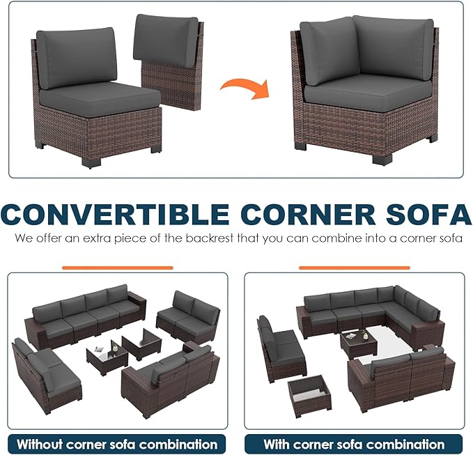 Patio Furniture Set, 12 Pieces Outdoor Sectional Sofa Conversation Sets with Waterproof Cover Modern Wicker Seating Set, 4'' Thickened Cushions & 2 Glass Coffee Table, Grey