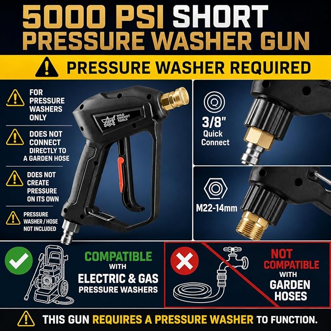 Wild Cricket Tools® Short Pressure Washer Gun 5000 PSI, 3/8" QC & M22-14mm Inlet | 5 Nozzles, 360° Swivel, Lockable Trigger | Fits Electric & Gas Pressure Washers - NOT for Garden Hoses