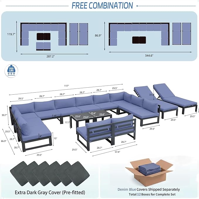 NICESOUL 16 Pcs Aluminum Patio Furniture Set for Large Groups, 500lbs Heavy Duty Outdoor Sectional Sofa with Chaise & Coffee Table, 29" Deep Wide Seating Conversation Couch for Poolside, Denim Blue