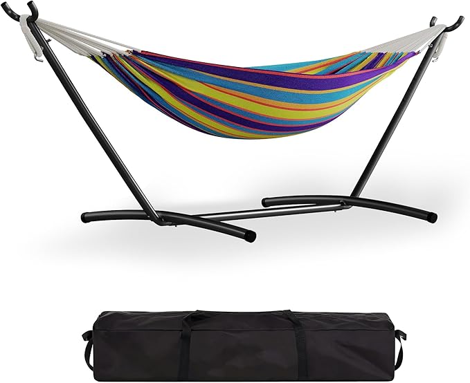 Hammock with Stand for Outside，450 lb Weight Capacity Double Hammock，Heavy Duty Steel Frame，Premium Carry Bag, Portable Hammock for Indoor, Patio, Beach - Tropical