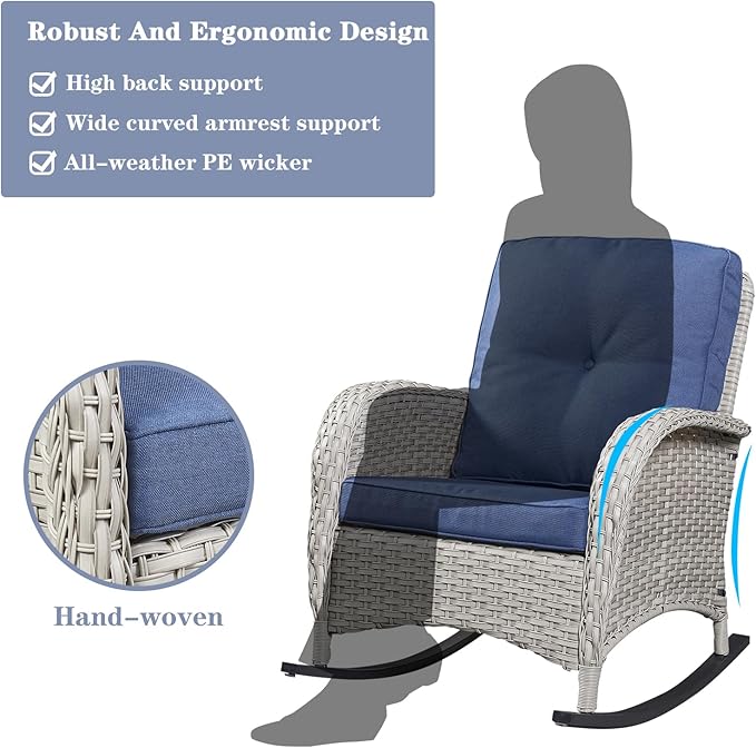 Belord Patio Rocking Chair Wicker Chair, 1 Piece Outdoor Rocking Chair Seating with Cushions for Porch Deck Balcony, Light Beige/Blue