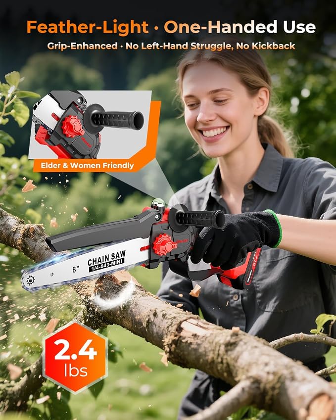 UBeesize Mini Chainsaw Cordless 8inch | Longer Runtime | Brushless Motor | Ergonomic Handle Design | Easy to Install | Professional Battery Chainsaw Perfect for Tree Trimming,Wood Cutting, Garden Work