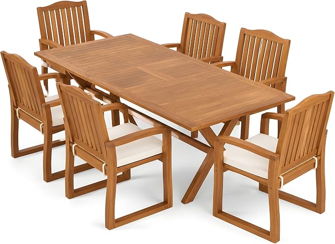 VilroCaz 7 Pieces Acacia Wood Outdoor Dining Set, All-Weather Extendable Table Large Table and 6 Armchairs for Lawn Backyard Garden Deck Poolside (Teak-NG)