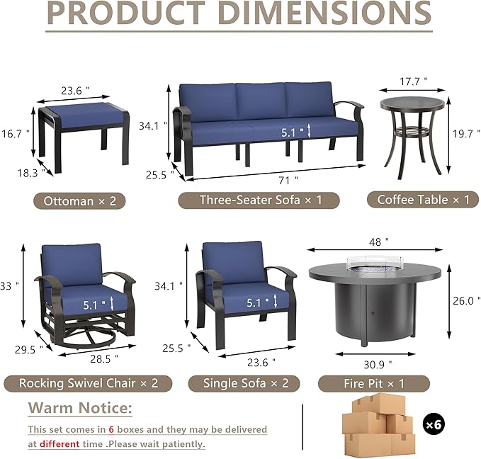 ALAULM Aluminum Patio Furniture Set with Round Propane Fire Pit Table 9-seat Metal Outdoor Furniture w/Swivel Chairs & 2 Ottomans Patio Sectional Sofas for Porch, Lawn, Poolside（DarkBlue