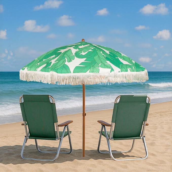 6 Ft Fringe Patio Umbrella - Outdoor Umbrella for Patio, Pool, Table, Garden, Deck, Beach, and Outdoors - Fashionable Boho Vintage Tassels & Wood Print - Push Button Tilt Pole