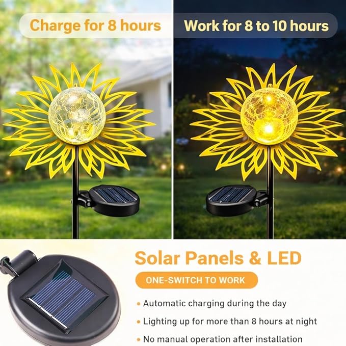 Solar Garden Lights Outdoor Decor, Metal Flower Stake Light with Warm White Crackle Glass Globe, Waterproof Decorative Solar Yard Art for Patio Lawn Backyard Pathway, Gardening Gift（Gold）