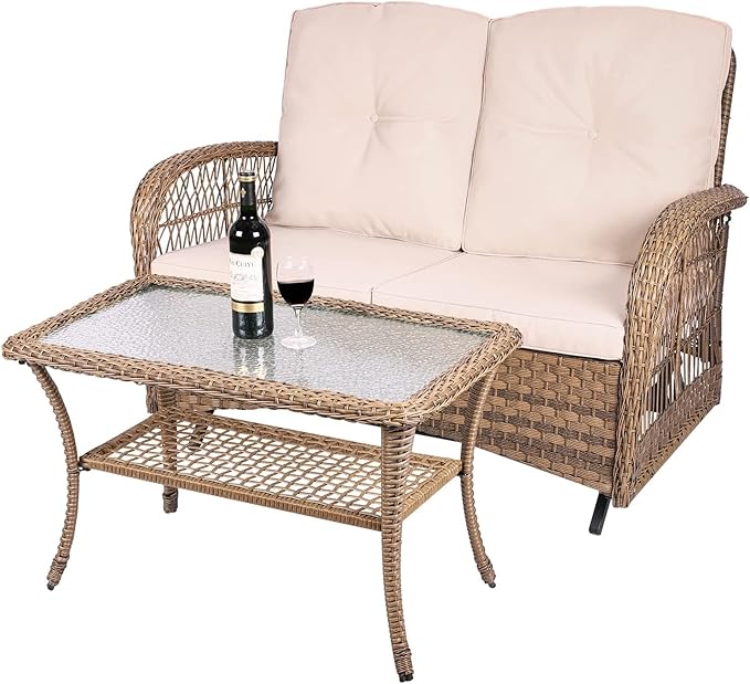 MEETWARM Outdoor Wicker Patio Glider Set, Loveseat for 2 Person Porch Furniture Glider with Glass-Top Coffee Table, Patio Glider Rocking Bench with Thickened Cushions, Brown
