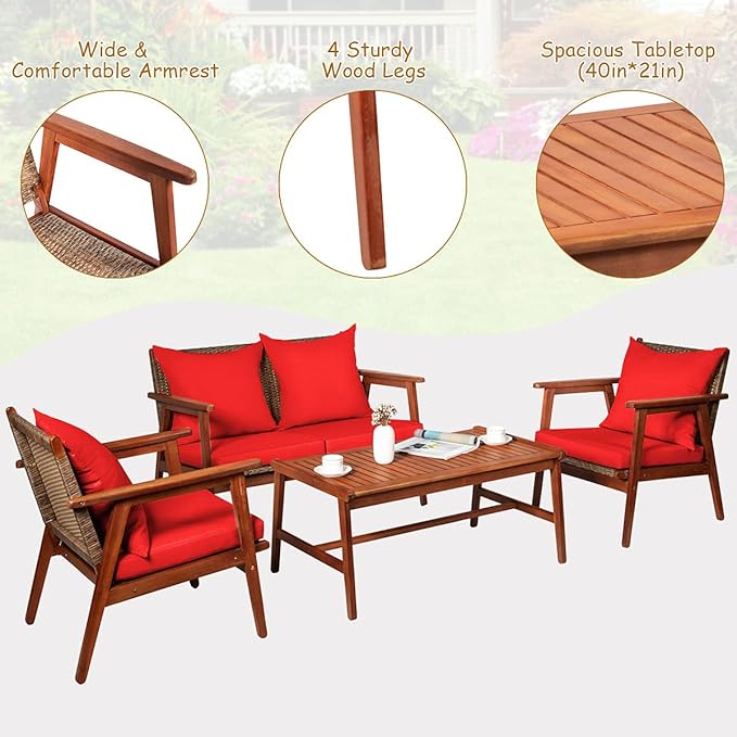 Tangkula 8 PCS Patio Wood Sofa Set, Outdoor Acacia Wood Seating Chat Set with Cushions & Coffee Table, Sectional Conversation Sofa Set for Garden, Backyard, Poolside (2, Red)
