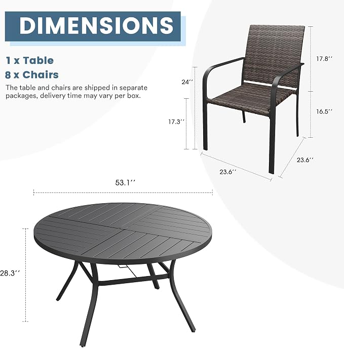 DIFY 9 Piece Outdoor Dining Set for 8, 53.1" Black Round Metal Dining Table with Umbrella Hole and Stackable Wicker Patio Chairs, All-Weather Patio Table and Chairs Set for Deck Garden Backyard