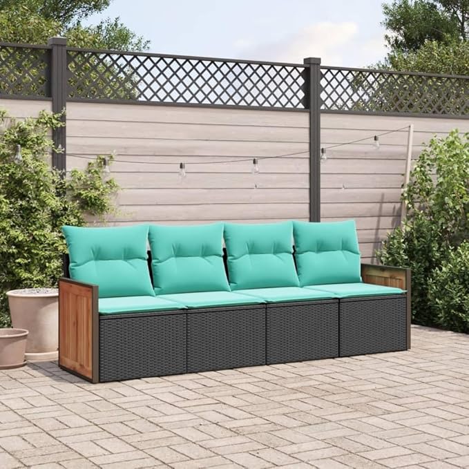 4 Piece Patio Sofa Set with Cushions, Garden Lounge Set Front Porch Furniture Patio Conversation Set Sectional Sofa for Exhibition Negotiation Area Garden Piazza Black Poly Rattan