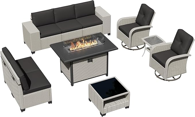 10-Piece Outdoor Patio Furniture Set, Modular Sectional Sofa Set with Swivel Rocker Chairs & Fire Pit, Wicker Outdoor Couch Conversation Sets w/Coffee Table and Cushions, Black