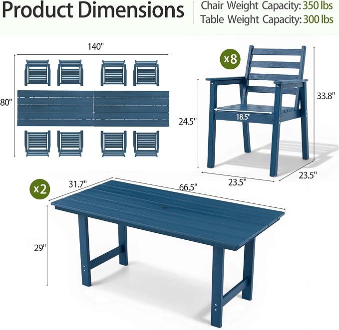 10-Piece Outdoor Dining Set, All-Weather HDPE Patio Furniture, Two 66.5" Slatted Table with 1.6" Umbrella Hole & 8 Ergonomic Armchairs, Heavy Duty 350lbs Capacity, UV Resistant, Blue