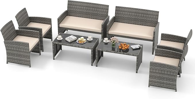 Tangkula 8 Piece Patio Wicker Furniture Set, Outdoor Heavy Duty Rattan Cushioned Chairs, Loveseat and Tempered Glass Coffee Table, for Backyard, Balcony, Poolside