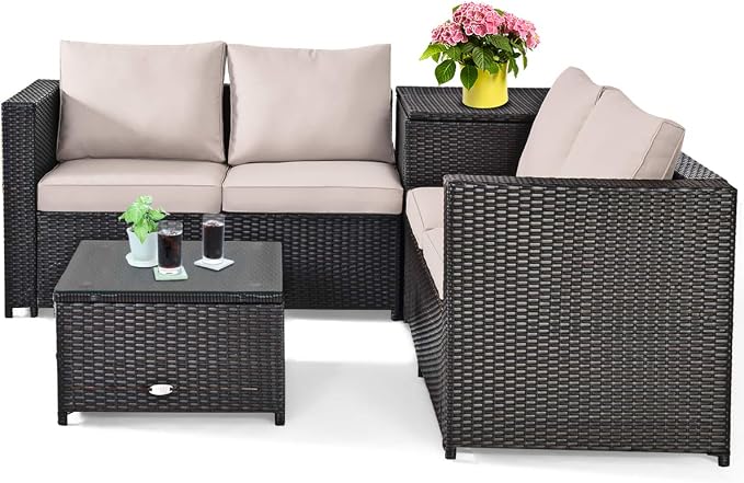 HAPPYGRILL 4PCS Patio Furniture Set Outdoor Rattan Wicker Sofa Set Conversation Set with Cushions & Storage Side Table Coffee Table for Garden Lawn Poolside Backyard