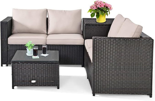 HAPPYGRILL 4PCS Patio Furniture Set Outdoor Rattan Wicker Sofa Set Conversation Set with Cushions & Storage Side Table Coffee Table for Garden Lawn Poolside Backyard