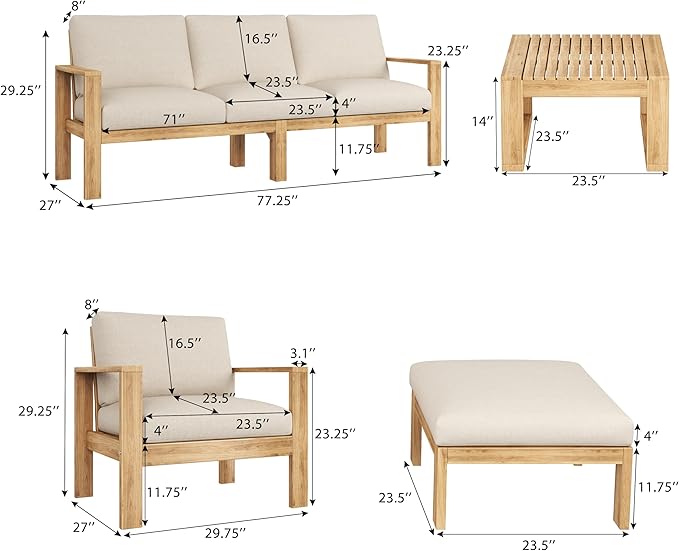 Christopher Knight Home Kayahs 4 Pieces Acacia Wood Furniture Set, Patio Conversation Sofa Chat Set with Coffee Table and Otoman, Outdoor Sofa Chair Set for Garden Porch Backyard Balcony, Teak+Beige