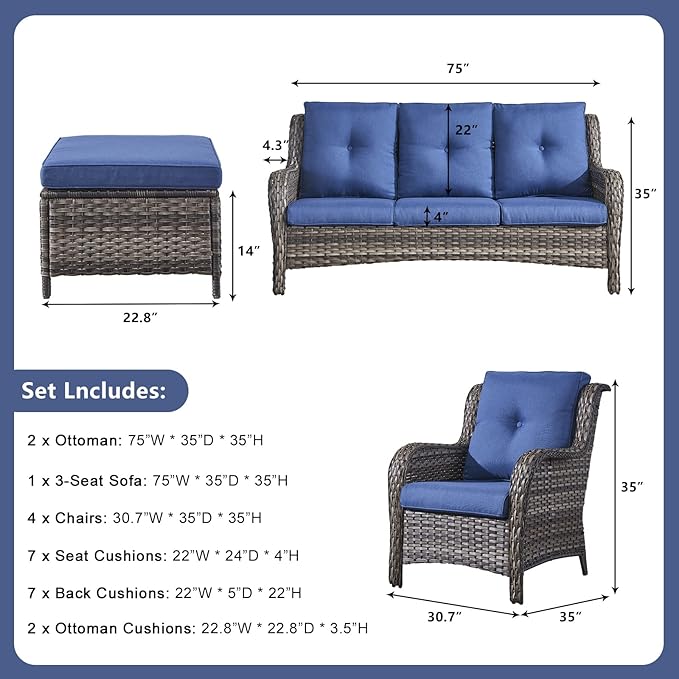 Rilyson Wicker Patio Furniture Set - 7 Piece Rattan Outdoor Sectional Conversation Sets with 1 Sofa,4 Armrest Chairs and 2 Ottomans for Porch Deck Garden(Mixed Grey/Blue)