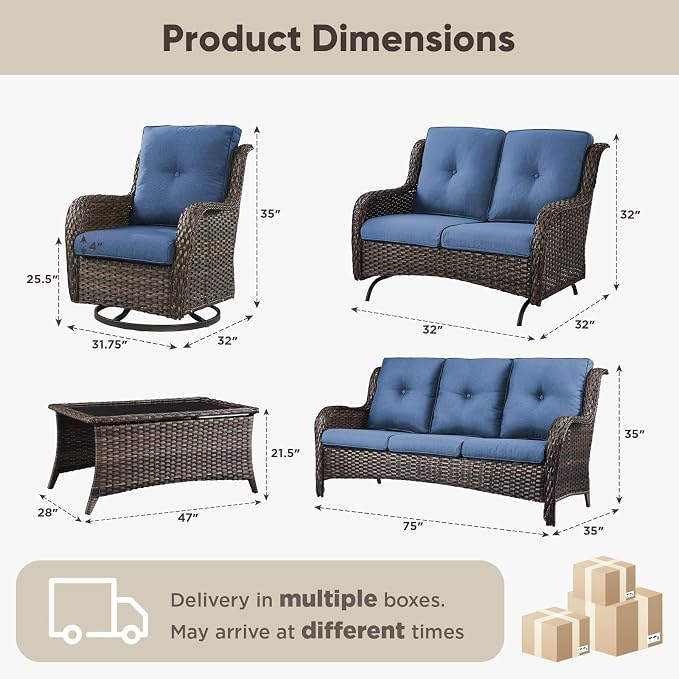 Belord 5 Piece Outdoor Wicker Furniture, Patio Swivel Rocking Chairs with Loveseat and 3 Seat Sofa,All Weather Patio Conversation Furniture Set, for Backyard Poolside Brown Wicker/Blue