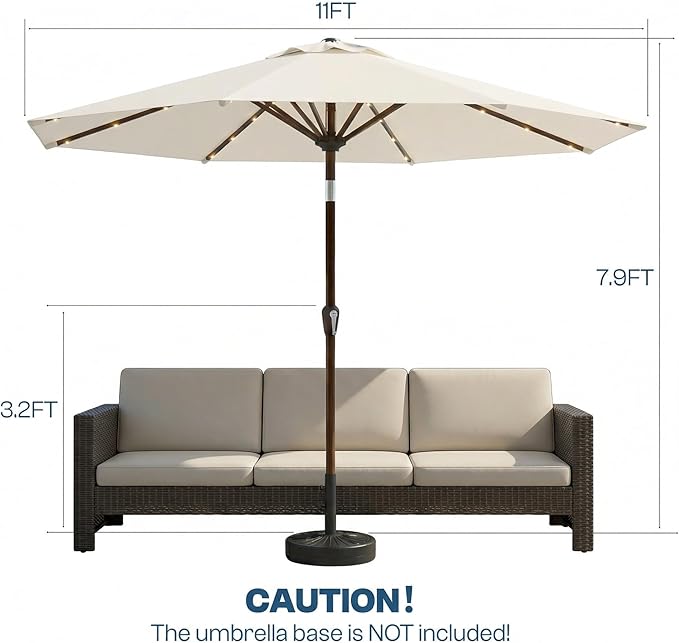 11FT Solar Patio Umbrella with Lights, Outdoor Table Market Umbrella with 32 LED Lights, 8 Sturdy Ribs, Smooth Crank Lift for Pool, Deck and Garden, UV-Resistant