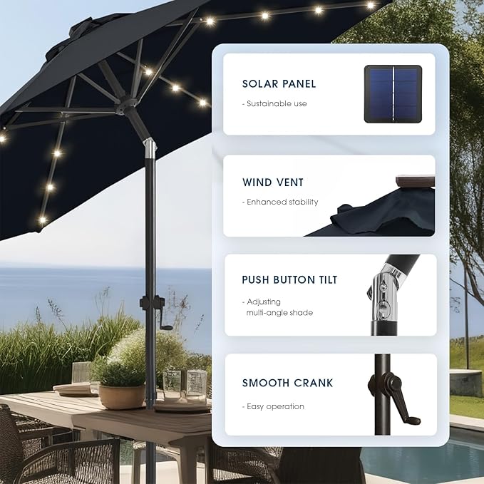 wikiwiki 9FT Solar Led Patio Umbrella with Base Included, 32 LED Lights, 8 Sturdy Ribs, Fade Resistant Waterproof POLYESTER DTY Canopy for Garden, Lawn, Deck, Backyard & Pool, Navy Blue