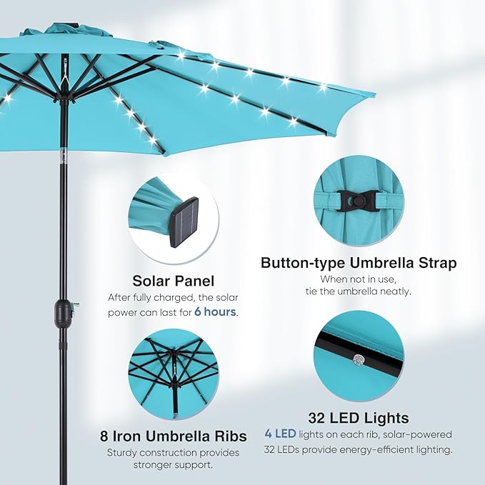 DUMOS LED Outdoor Patio Umbrella 10 FT UV-Resistant Market Umbrella with Tilt Adjustment & Crank Lift, All-Weather Shade for Backyard, Deck, Garden, Beach