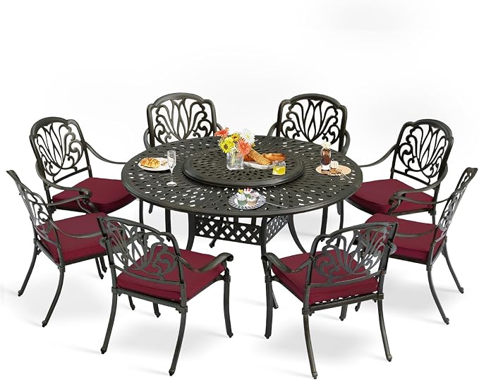 9-Piece Patio Furniture Dining Set, All Weather Cast Aluminum Outdoor Conversation Set- 61" Round Patio Dining Table with Detachable Lazy Susan & 8 Cushioned Chairs, Umbrella Hole, Chili Red