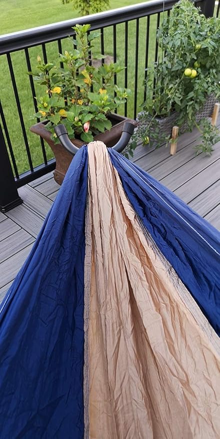 TJ Global Compact Lightweight Parachute Nylon Single Portable Hammocks for Hiking, Travel, Backpacking, Beach, Survival, Outdoors (Blue/Light Gold)