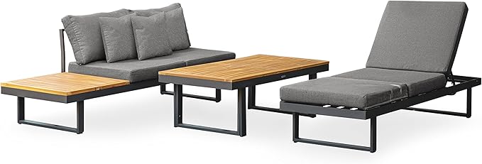 Greemotion 3-Piece San Jose Metal Modular Outdoor Sectional, Patio Furniture Set Certified 100% Teak Wood Patio Conversation Set, Gray