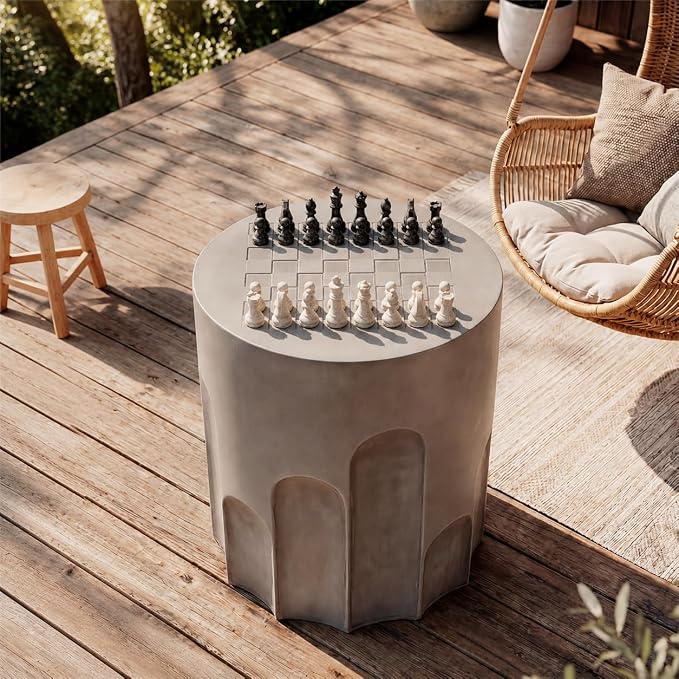 HOMPUS Outdoor Side Table with Checkeboard Grain Tabletop, Round Shaped MgO Lightweight Concrete End Tables, Modern Vintage Patio Accent Table for Indoor Outdoor Use, Grey