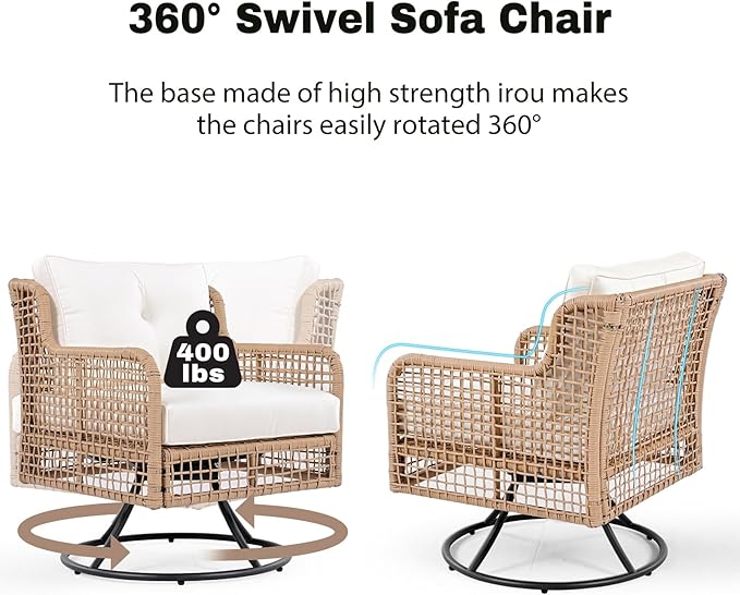 Patio Furniture Set with Swivel Chairs, 4 Pieces Outdoor Rattan Woven Sectional Sofa Patio Conversation Set for 5-Person, for Poolside Backyard Deck, Beige