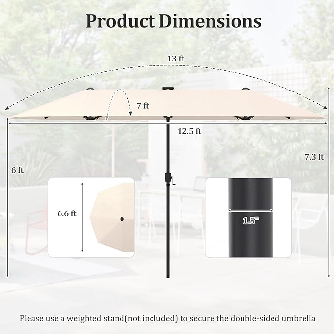 HAPPYGRILL 13 FT Double-sided Patio Umbrella with Solar Lights, Crank Handle & 12 Heavy-Duty Ribs, Outdoor Twin Size Oversized Rectangle Market Umbrella for Garden Deck Poolside