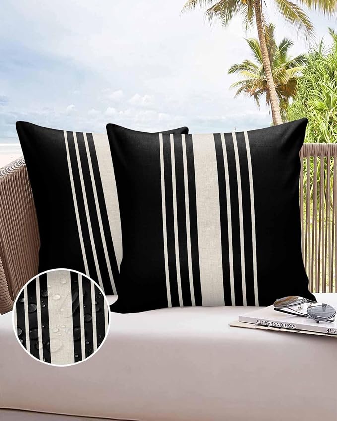 Vandarllin Outdoor Throw Pillows Covers 16x16 inch Set of 2 Waterproof Black Stripes Decorative Zippered Cushion Covers for Patio Furniture, Classic Striped Linen Lumbar Pillowcases