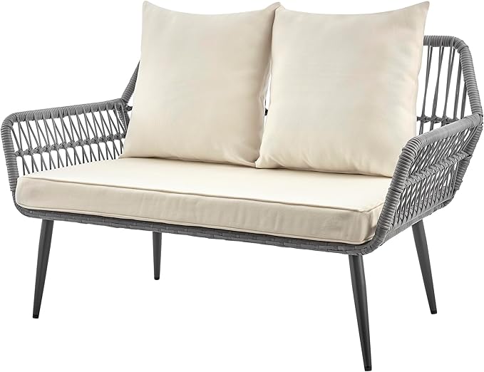 Manhattan Comfort Portofino 4-Piece Patio Conversation Set, Rope Wicker Design with Waterproof Cushions | Outdoor Furniture Includes 2 Armchairs, Loveseat & Coffee Table with Tempered Glass Top, Cream