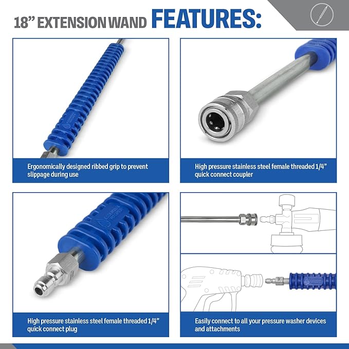 ESSENTIAL WASHER 18" Pressure Washer Extension Wand - Stainless Steel Power Washer Wand with Molded Grip - Short Pressure Washer Wand Replacement - Stainless Steel 1/4” QC Plug & Coupler Preinstalled