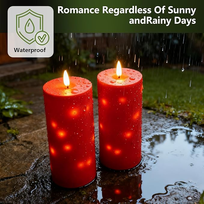kakoya 10" x 4" Large Outdoor Waterproof Flickering Flameless Candles with Timer,2Pcs Battery Operated LED Pillar Candles with Embedded Star String for Outdoor Lanterns,Porch,Patio Decor(red)