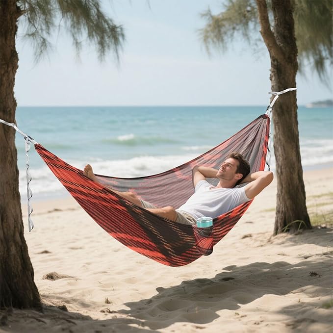 Red and Black Irregular Checkerboard 330lb Capacity Camping Hammocks with Tree Straps Rope Hammock for Outside Patio Backyard Poolside accesorios para Camping