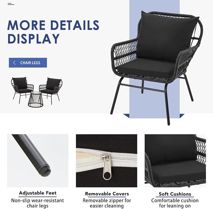 EROMMY 3-Piece Patio Conversation Bistro Set, Outdoor All-Weather Wicker Balcony Furniture with Tempered Glass Top Table & 2 Wide Ergonomic Armchairs, Seat Cushions for Porch Backyard, Black