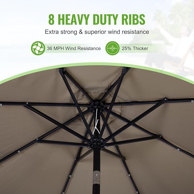 Backyard Expressions 9FT Solar Patio Umbrella with 32 LED Lights, UPF50+ UV Protection, Fade-Resistant Fabric, Easy Tilt & Crank, Outdoor Umbrella for Patio, Deck & Pool (Base Not Included)