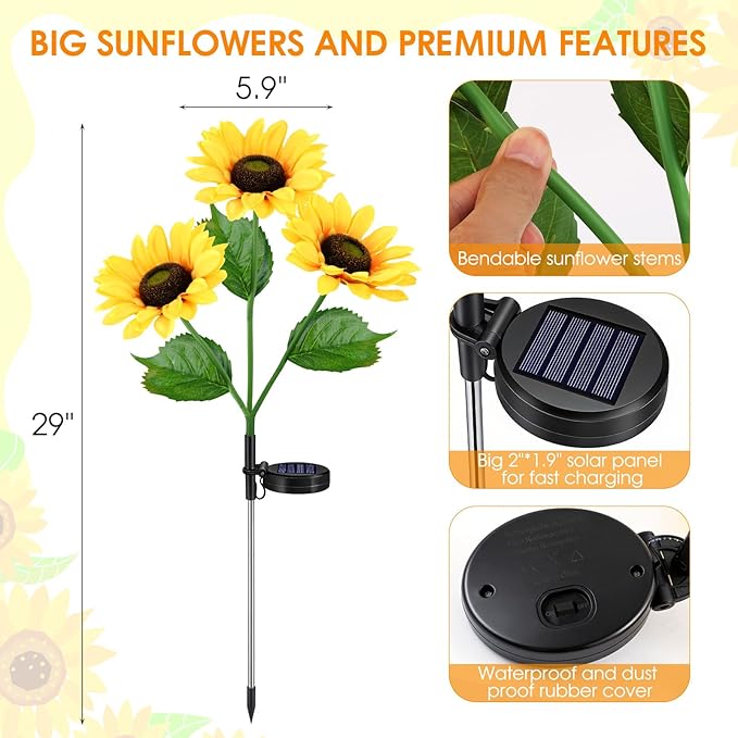 Solar Sunflowers Outdoor Waterproof, 3 Pack Solar Flowers Stake Lights with 9 Big Realistic LED Sunflower for Yard, Garden, Cemetery Grave, Lawn, Flower Pot, Fall Outside Decorations (Sunflowers)