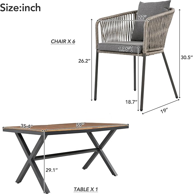 VilroCaz 7 Pieces Patio Dining Set, All-Weather Outdoor Conversation Set Gathering Set with Acacia Wood Tabletop and Metal Frame, Dining Table and Chairs for Garden Backyard Balcony (Green Rope)