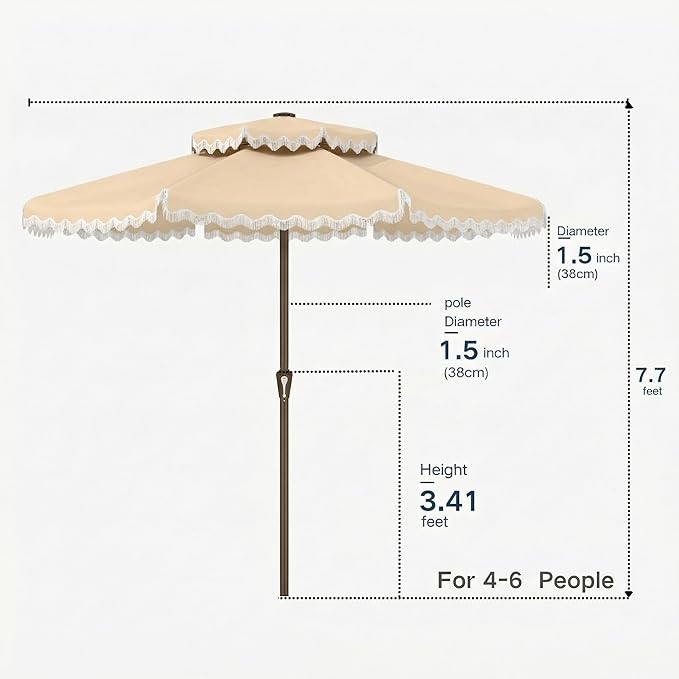 Patiokingdom 9FT Patio Umbrella with Fringe,Tassel Umbrella UPF 50+ & Push-Button Tilt,Rust-Resistant Fiberglass Frame for Pool,Garden,Backyard,Yard (Khaki -1)