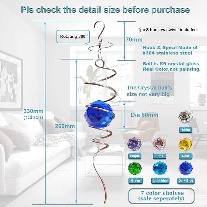 FONMY Gazing Ball Spiral Tail -Decorative Wind Spinner Sun Catcher Rainbow Maker 11 inch Tail and 2 inch Dark Blue Crystal Orb. Indoor Outdoor Garden Decoration -13 inch Height