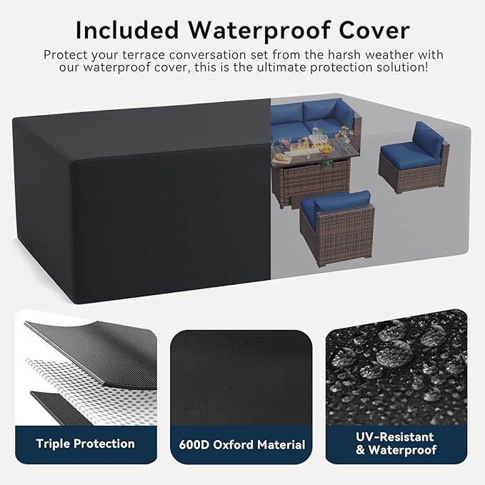 LazySunsets 8 Piece Outdoor Patio Furniture Set with 44'' Fire Pit Table, Outdoor Patio Furniture Set with Waterproof Cover, Wicker Rattan Outdoor Conversation Set for Backyard & Garden, Blue