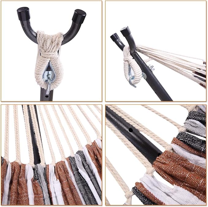 103 Inch Portable Hammock with Stand Included, Heavy Duty Steel Frame with Comfortable Polyester Striped Swing Bed, Carrying Bag for Patio, Garden, Backyard, Indoor & Outdoor (Style A)