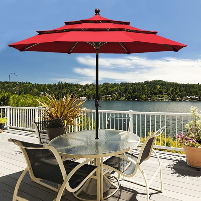 EliteShade USA 10-Year-Non-Fading 9ft 3-Tier Market Patio Umbrella, Commercial Grade Outdoor Table Umbrella with Crank Open, Windproof & UPF 50+ UV Protection, Heavy Duty Ventilation for Garden, Deck, Pool, Backyard, Beach & Bistro, Logo Red