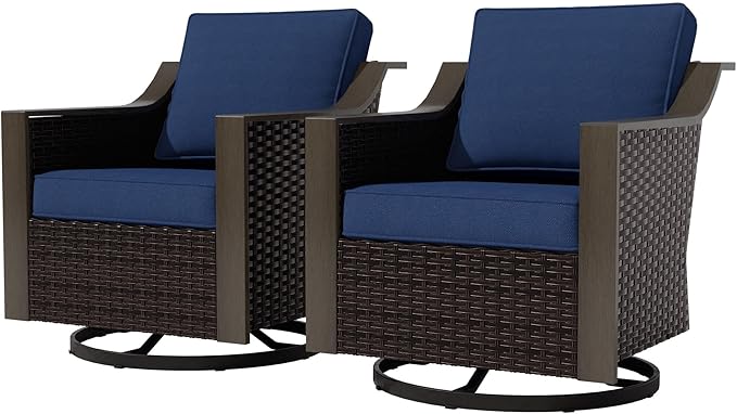 Outdoor Wicker Swivel Chair Set of 2, All-Weather Use Patio Rattan Chair with Removable Water-Resistant Cushion, Ideal for Porch, Backyard, Balcony, Poolside, Blue