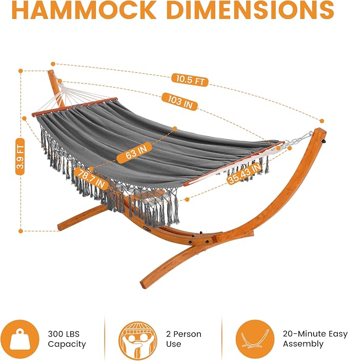 Lazy Daze Hammocks 2 Person Cotton Fabric Hammock with Spreader Bars and 10.5 FT Wood Arc Hammock Stand, Double Hammock with Wood Stand, for Outdoor, Indoor, Patio, Backyard, Dark Gray